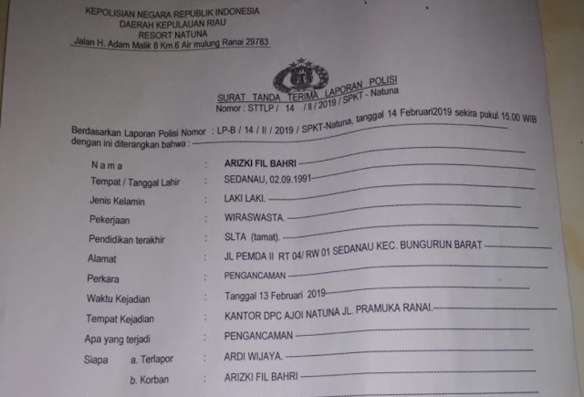 Merasa Terancam, Arizki Wartawan Data Riau Laporkan Ardi Wijaya ke Polisi
